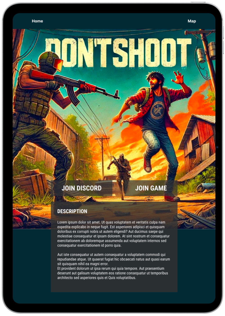 Tablet view of the 'DON'T SHOOT' website showing immersive game artwork, navigation menu, and call-to-action buttons for joining the Discord community and accessing the game.